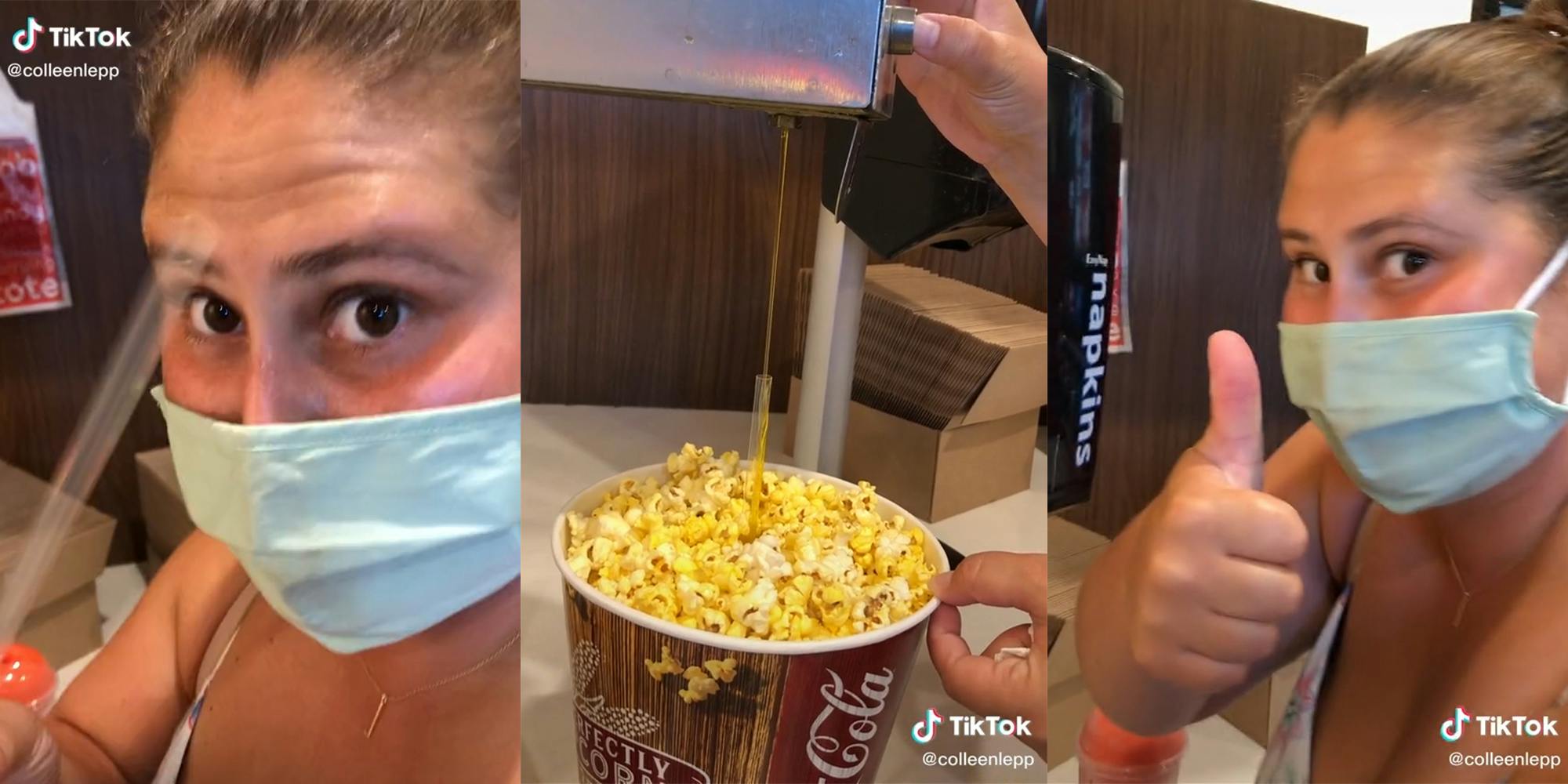 woman holding straw (l) woman using straw to catch "butter" stream in popcorn bucket (c) woman giving thumbs up (r)