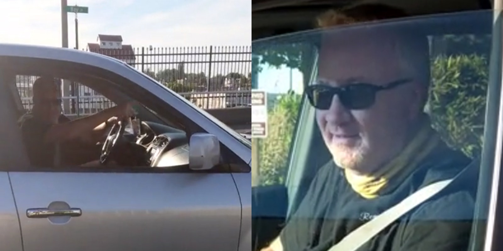 driver gestures to pedestrian (l) driver leaving after realizing he is being taped (r)