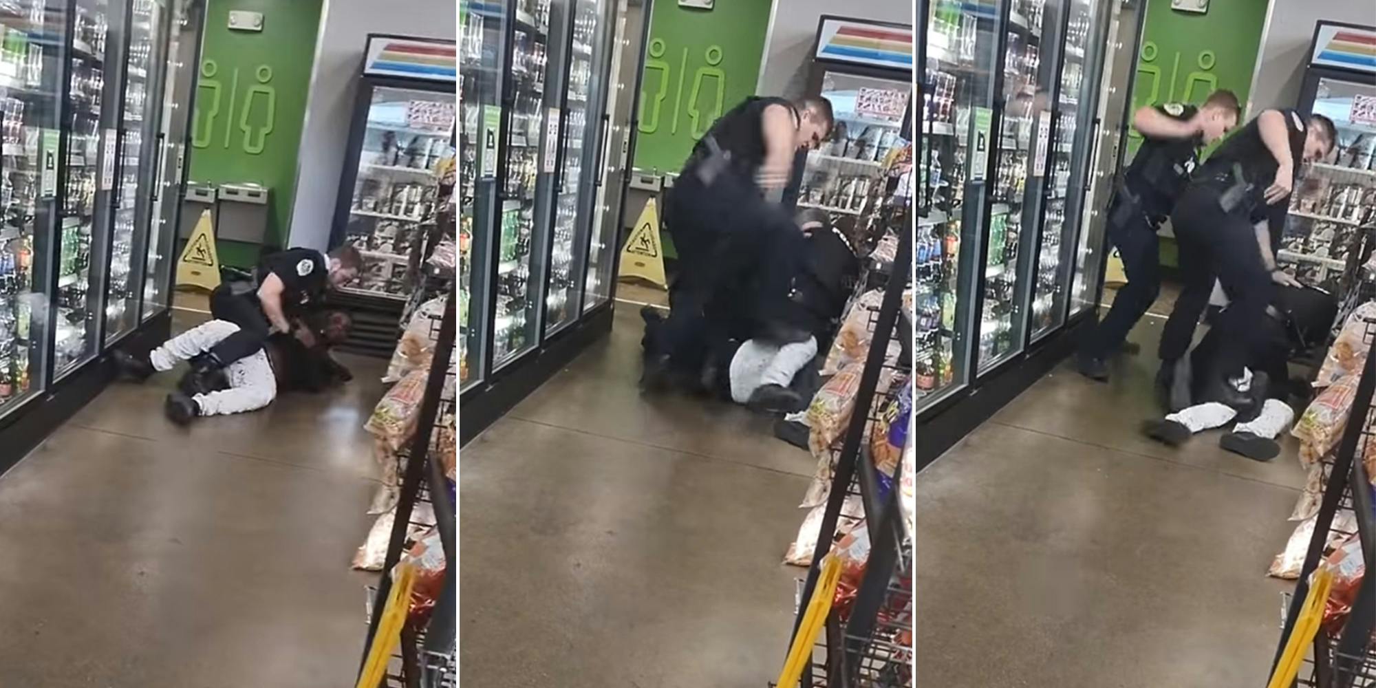 one police officer on top of man in store (l) police officer stomping on man's knee (c) multiple officers surround man, one stomping knee