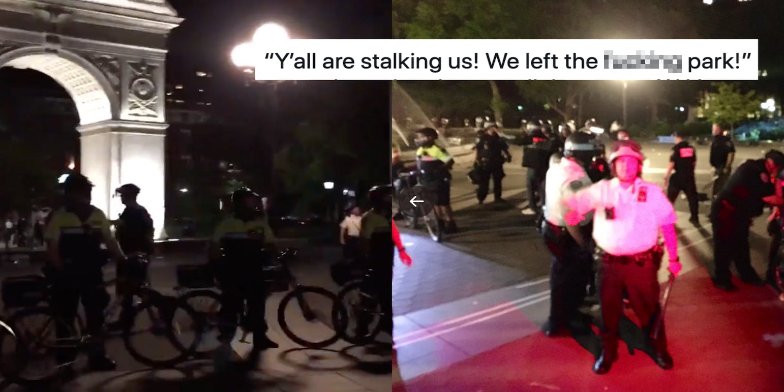 New York Police Officers show up in riot gear and on bikes to clear Washington Square Park after new curfew. Left side is line of officers on bikes. Right side is police standing and appearing to make arrests.