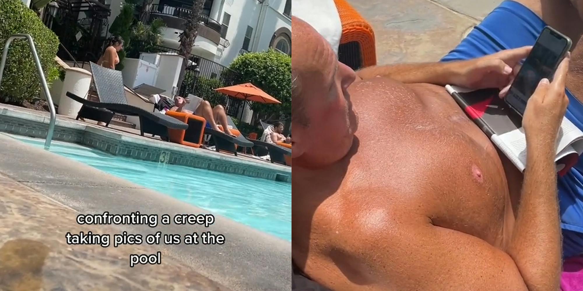 young woman approaching man on chaise at pool with caption "confronting a creep taking pics of us at the pool" (l) man looking at phone (r)