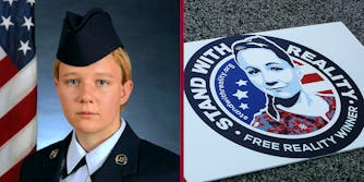 Reality Winner looking into camera (L) and an illustration of Reality Winner on a sign (R).