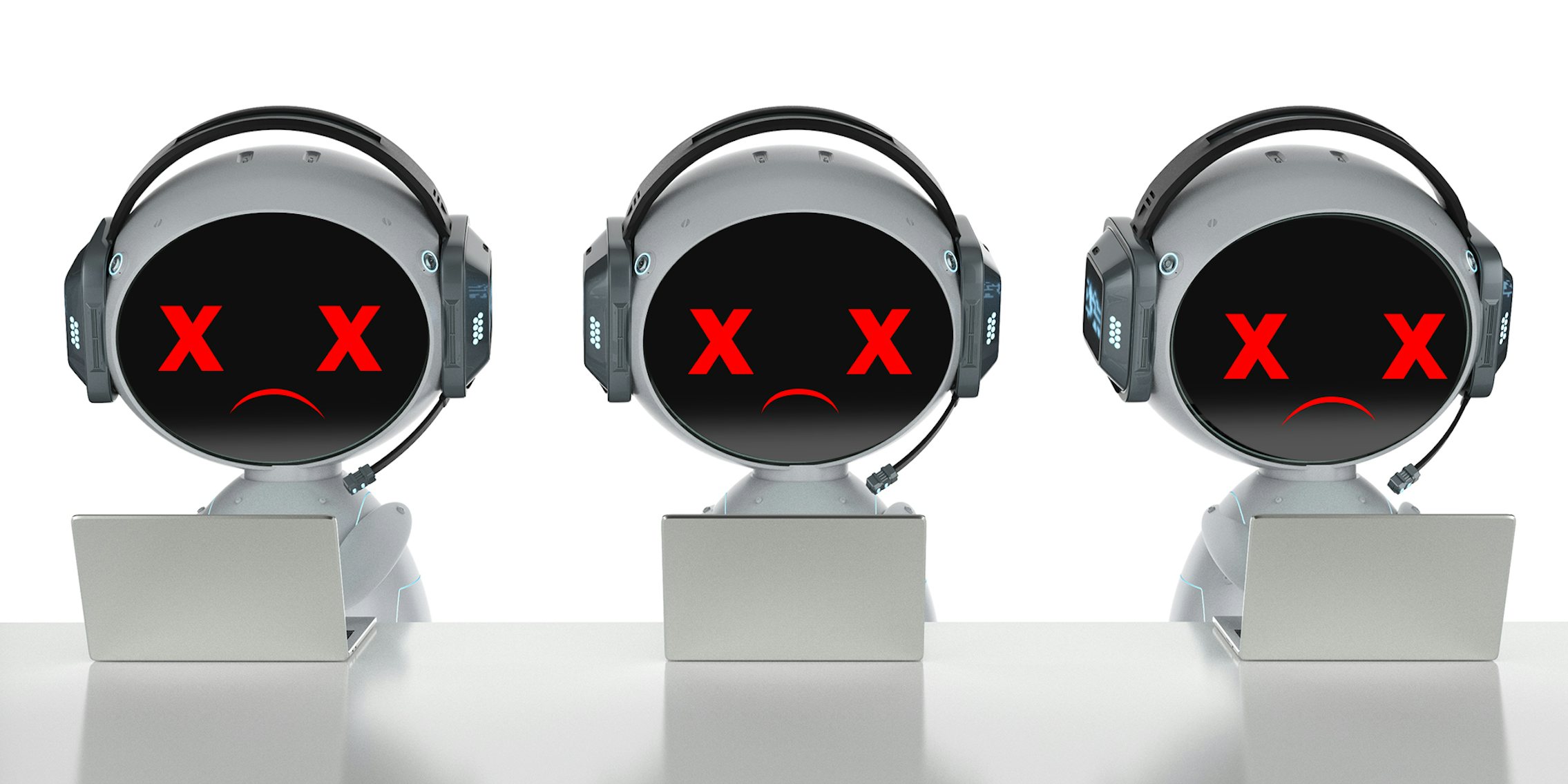 robots with microphone headsets at laptops with X's for eyes and frowns. It is meant to represent robocalls.