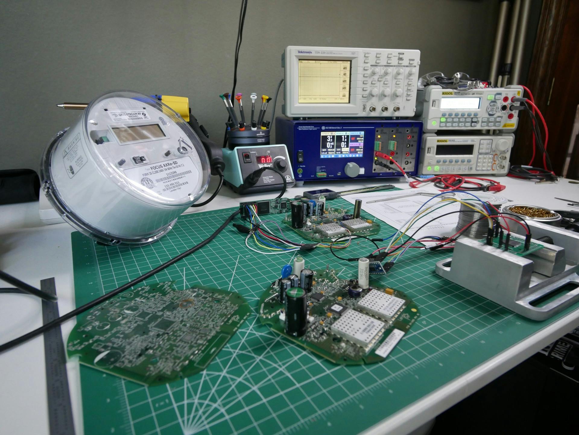 A desk with smart meter components