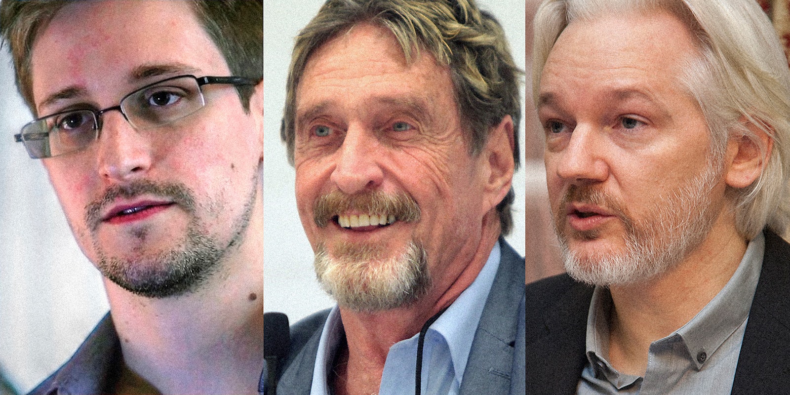 Edward Snowden (L), John McAfee (C), and Julian Assange (R).