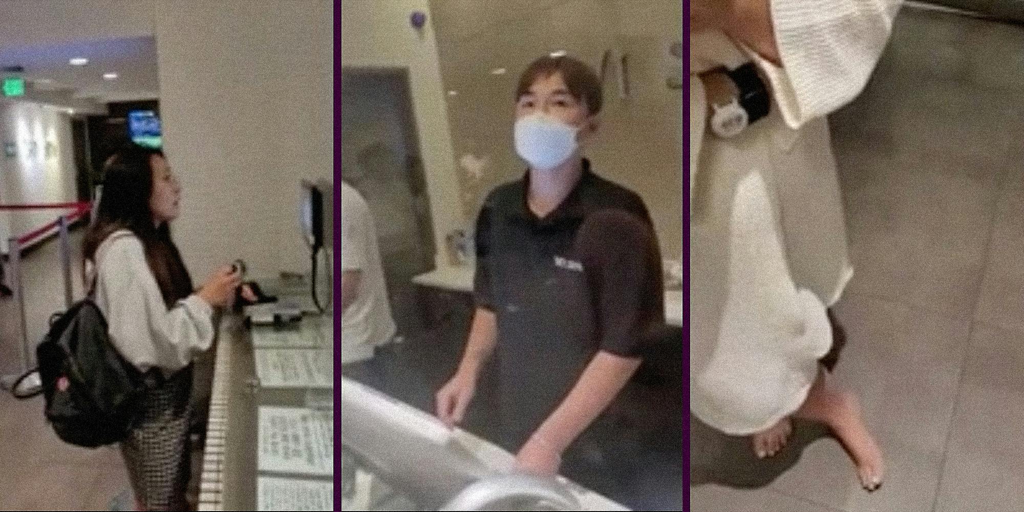 A woman at a counter (L), a receptionist (C), and a woman in a bathrobe (R).