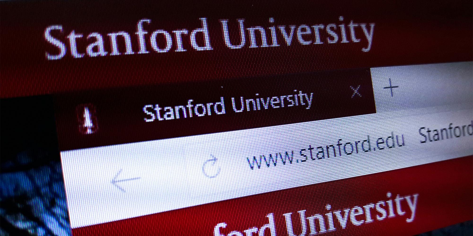 The homepage of the official website for Stanford University, a private research university in Stanford, California.