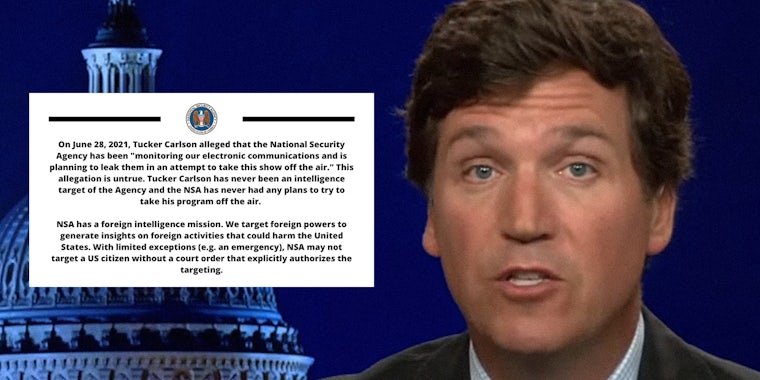 NSA statement rebutting Tucker Carlson's claim that the NSA was spying on him (inset) with Tucker Carlson's face
