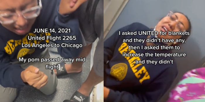 woman sobbing on ground with caption "June 14, 2021 United Flight 2265 Los Angeles to Chicago, My pom passed away mid flight (l) woman crying with caption "I asked UNITED for blankets and they didn't have any, then I asked them to increase the temperature and they didn't"