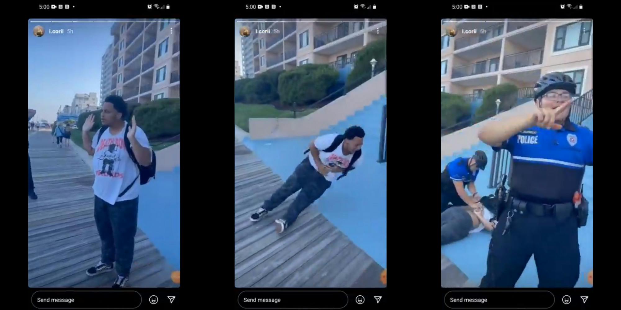 young man with hands raised (l) young man falling to ground clutching stomach (c) police officer smiling and pointing (r)