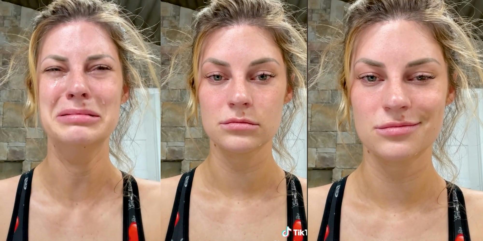 influencer hannah stocking doing the trend, seen crying, stone face, then smiling