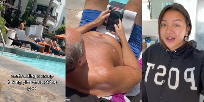 young woman approaching man on chaise at pool with caption 'confronting a creep taking pics of us at the pool,' man looking at phone, and tiktoker @maiphammy
