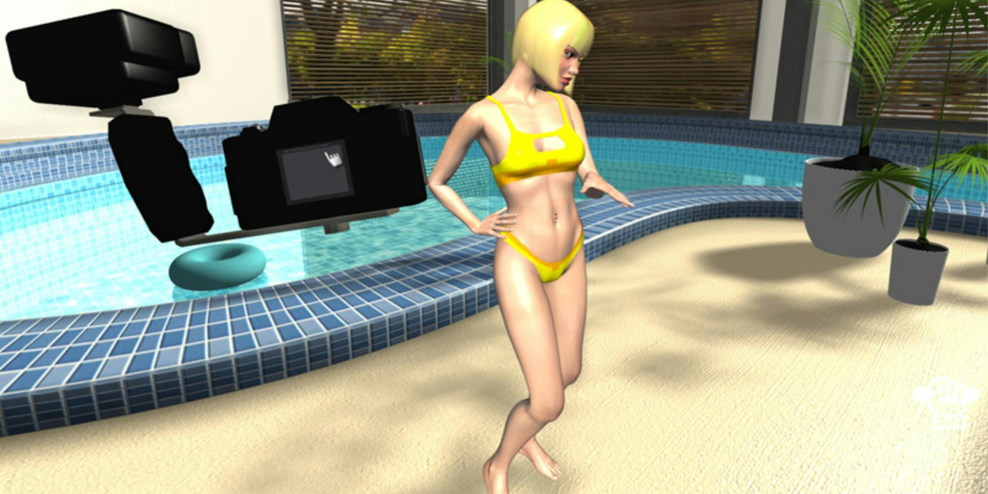 XStoryPlayer character poses by the pool while the player uses a camera.