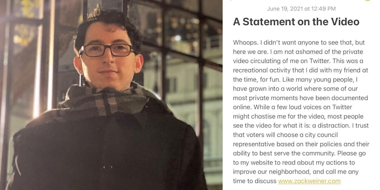 zack weiner (l) 'A statement on the video' addressing private video circulating on Twitter (r)