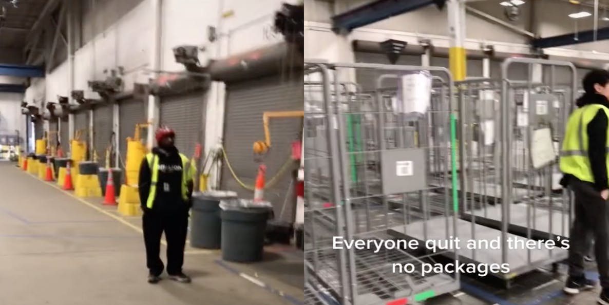 Two panel screenshot from TikTok showing Amazon workers standing around in an empty fulfillment center with no packages