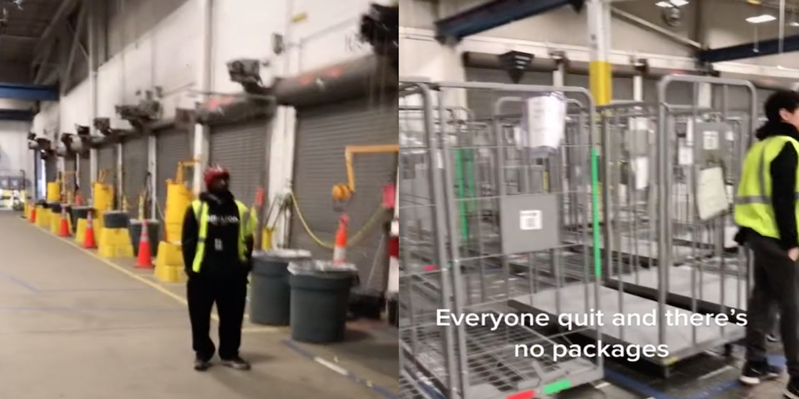 Two panel screenshot from TikTok showing Amazon workers standing around in an empty fulfillment center with no packages