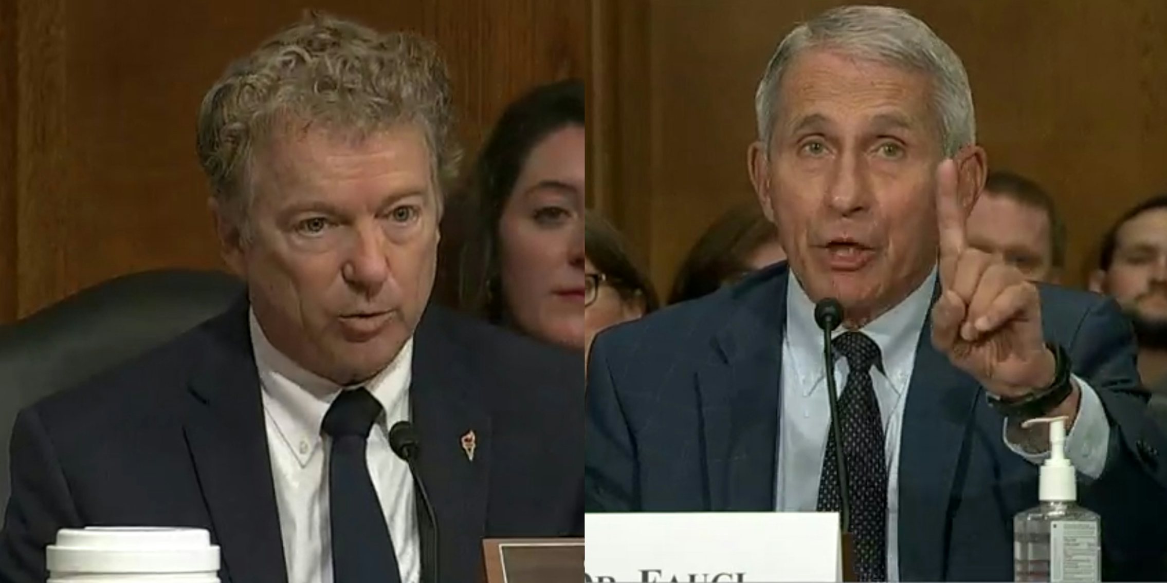 A side by side of Sen. Rand Paul and Dr. Anthony Fauci at a Senate hearing.