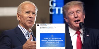 A side by side of Joe Biden and Donald Trump. In the middle of them is a tweet of Biden trolling Trump with a tweet that says 'It's infrastructure week.'
