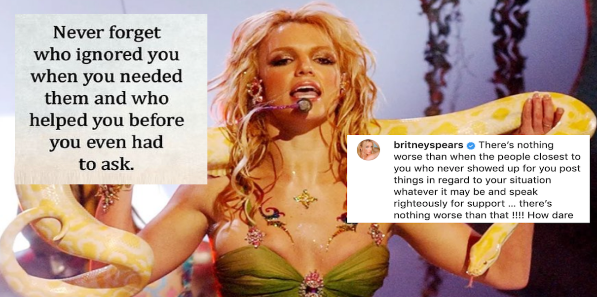 Photo of Britney Spears in the 2001 VMAs with snake around her shoulders with screenshots from her Instagram post calling out people for posting only to save face
