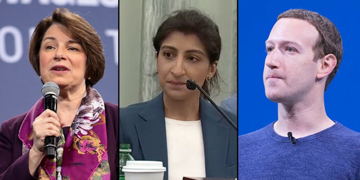 Three panels showing Sen. Amy Klobuchar, FTC Chairwoman Lina Khan, and Facebook CEO Mark Zuckerberg.
