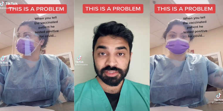 Three panel screenshot from TikTok where a doctor calls out a healthcare worker who filmed herself ignoring a patient in distress for getting COVID after being vaccinated