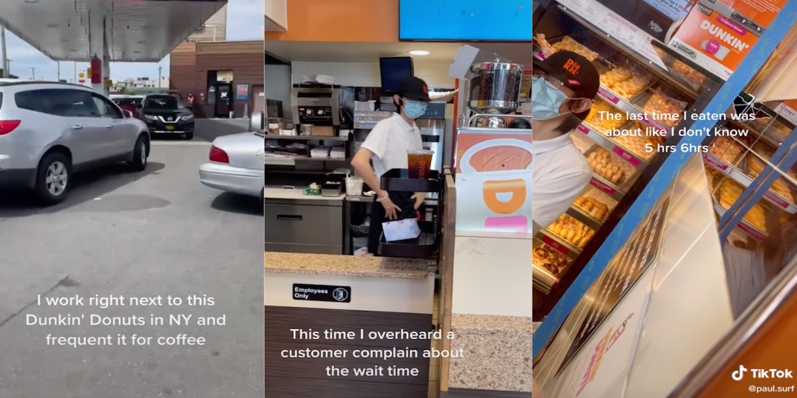 Three screenshot panel from a TikTok where a man asks a Dunkin' employee about his working conditions
