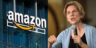 A side by side of a building with the Amazon logo and Sen. Elizabeth Warren.