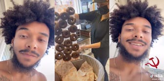 Three panel screenshot from TikTok of ex-Carl's Jr. worker reacting to Dunkin' employees throwing out an entire tray of donuts