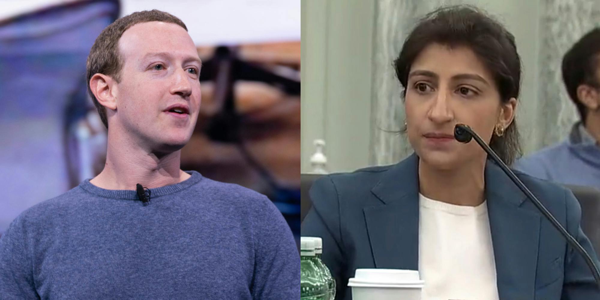 A side by side of Facebook CEO Mark Zuckerberg and FTC Chairwoman Lina Khan.