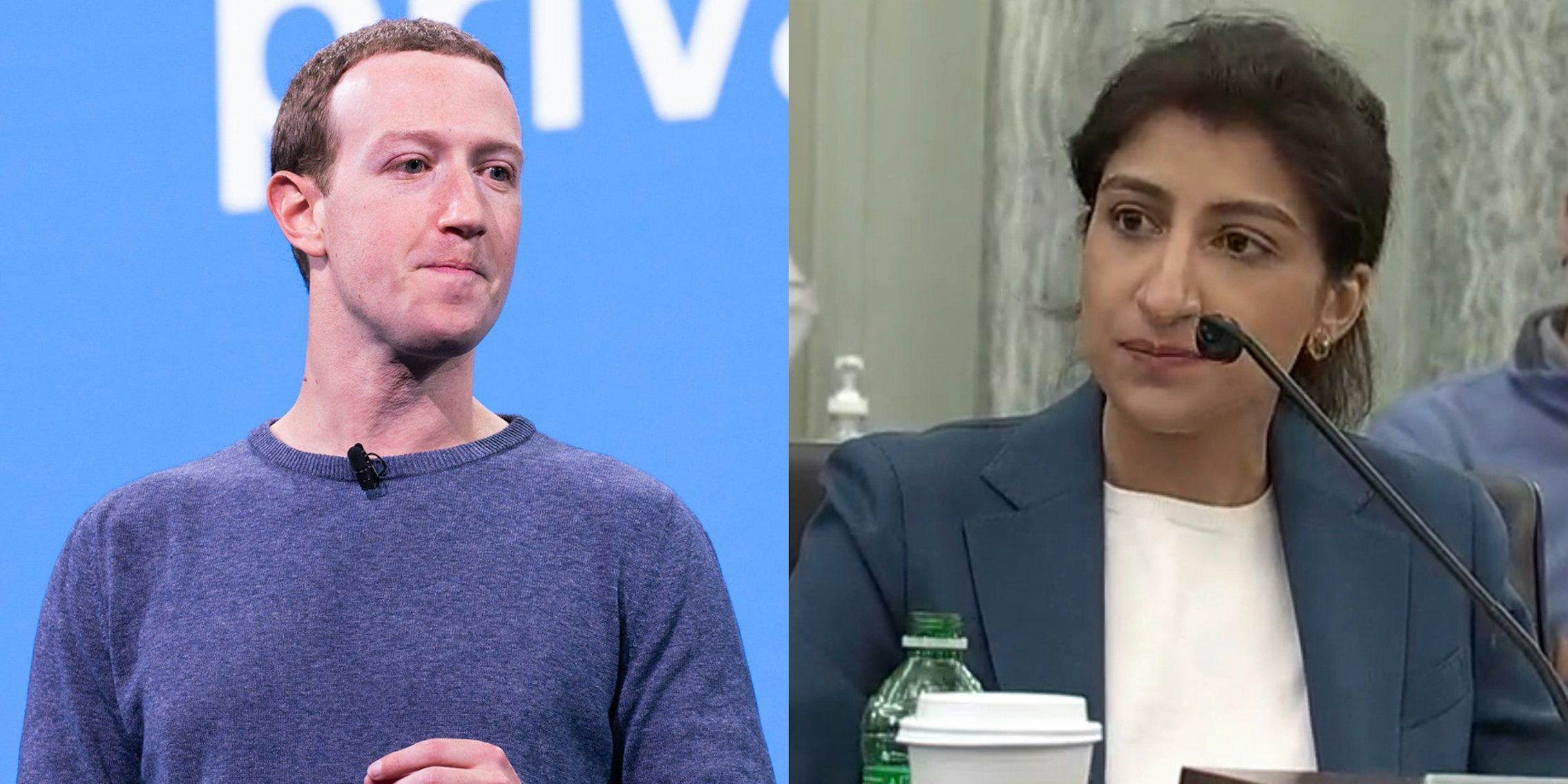 A side by side of Facebook CEO Mark Zuckerberg and FTC Chairwoman Lina Khan.