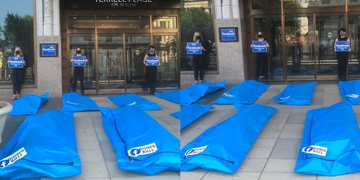 Two photos of a protest outside of Facebook's HQ in Washington. The photos show blue body bags with stickers on them that have the Facebook logo and 'disinfo kills' written on them.