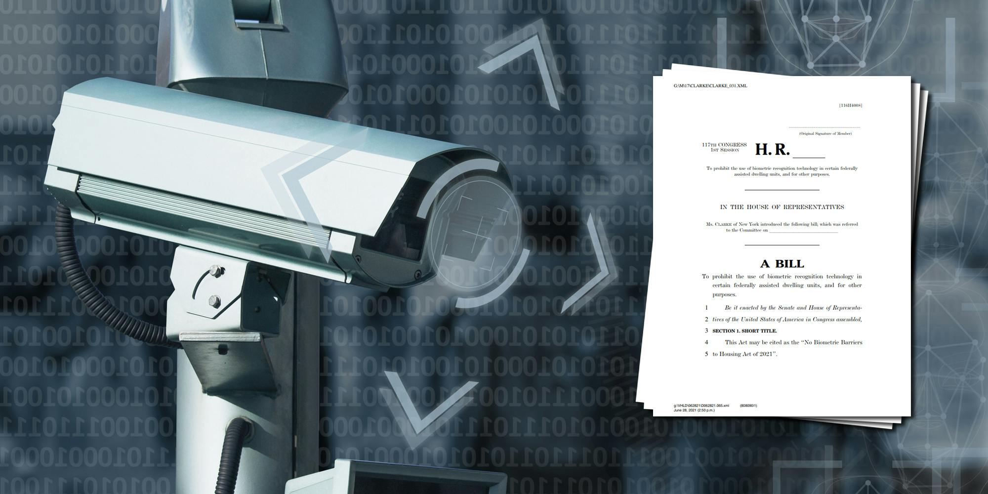 A surveillance camera with face recognition system next to a screenshot of the No Biometric Barriers to Housing Act of 2021.