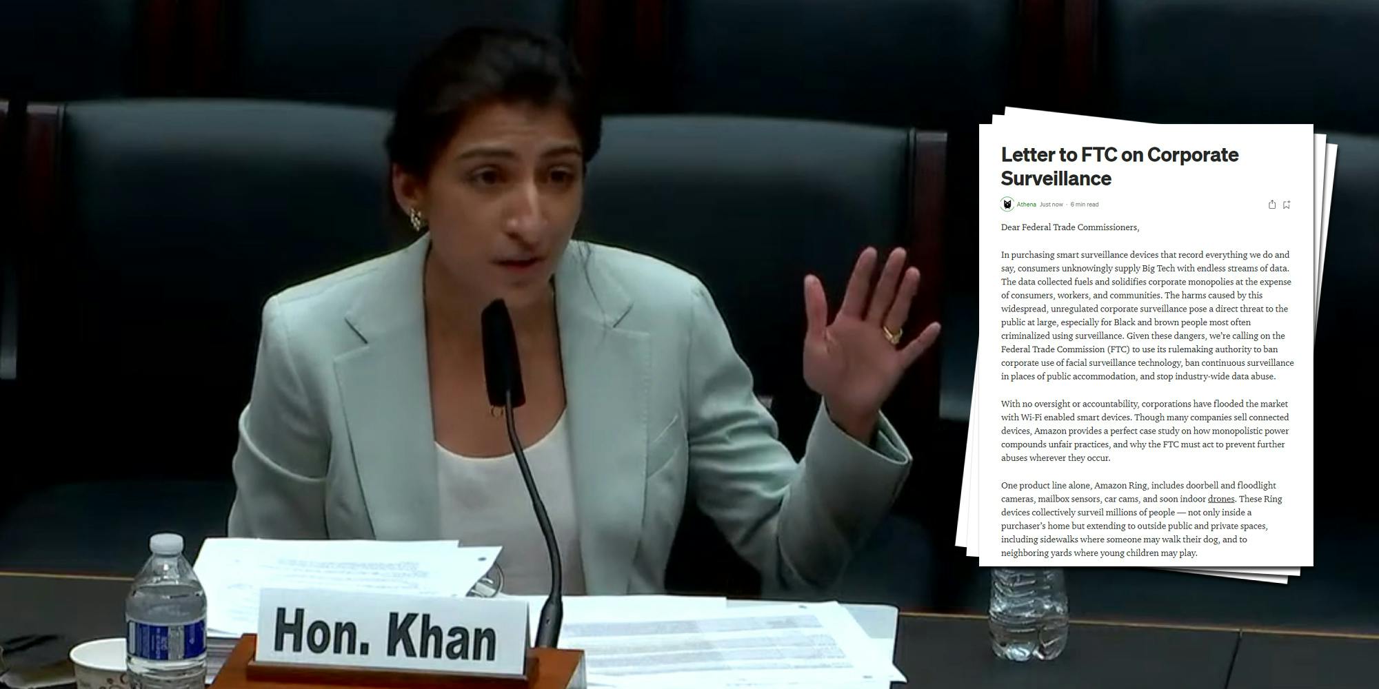 FTC Chairwoman Lina Khan next to a screenshot of a letter advocacy groups sent to the agency urging them to reign in big tech data practices.