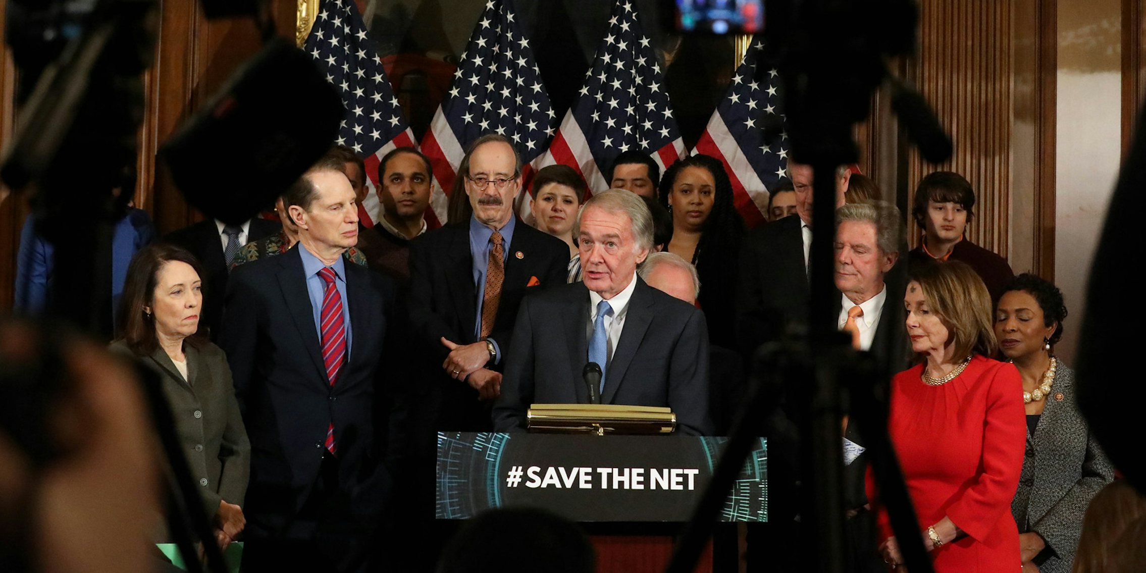 A group of Democratic lawmakers unveiling the Save the Internet Act, a bill that would restore net neutrality.