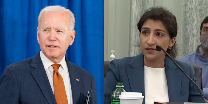 A side by side of President Joe Biden and FTC Chairwoman Lina Khan.