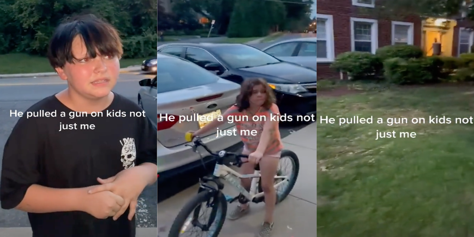 Three panel screenshot from a TikTok where a boy and girl allegedly attacked a man's daughter after which the man pulled a gun on the children