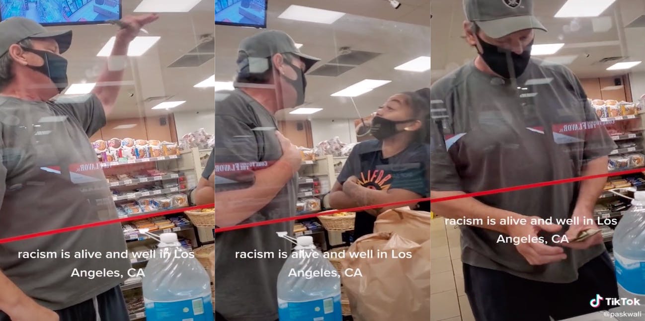Three panel screenshot from TikTok showing an argument between a white man and Black woman. The man repeatedly calls the woman "Shaniqua" after arguing about the Black woman being loud in the store.