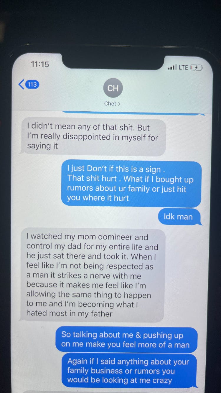 Text conversation between Chet Hanks and Kiana Parker