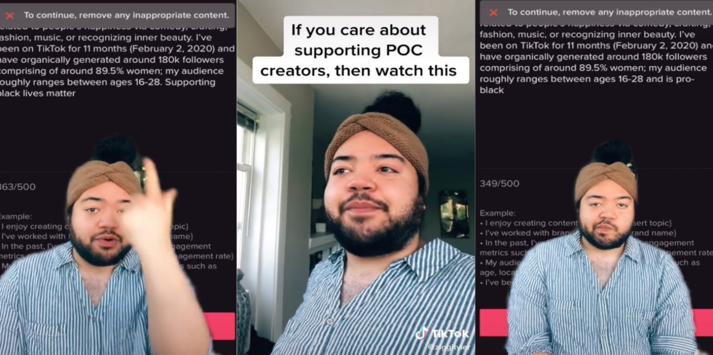 Three panel screenshot from TikTok where creator exposes TikTok for banning phrases with the word "Black" in its creator marketplace
