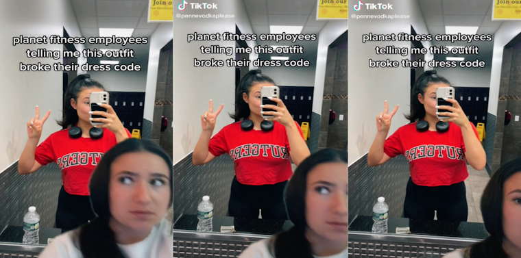 Three panel screenshot from TikTok where a girl claims that her gym outfit of a red Rutgers University crop top and black leggings were against Planet Fitness dress code