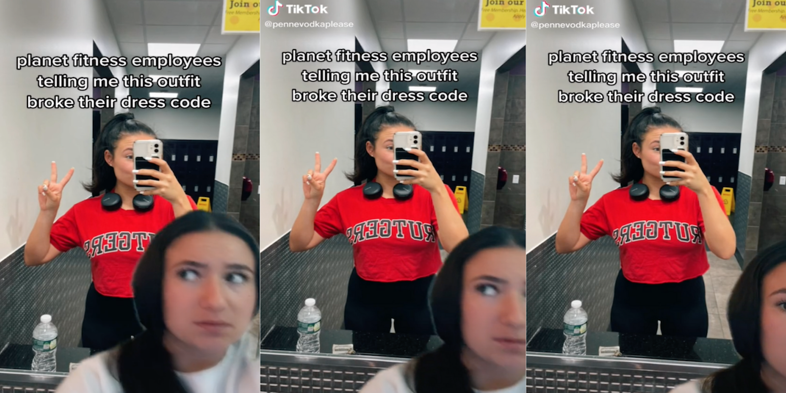 Three panel screenshot from TikTok where a girl claims that her gym outfit of a red Rutgers University crop top and black leggings were against Planet Fitness dress code