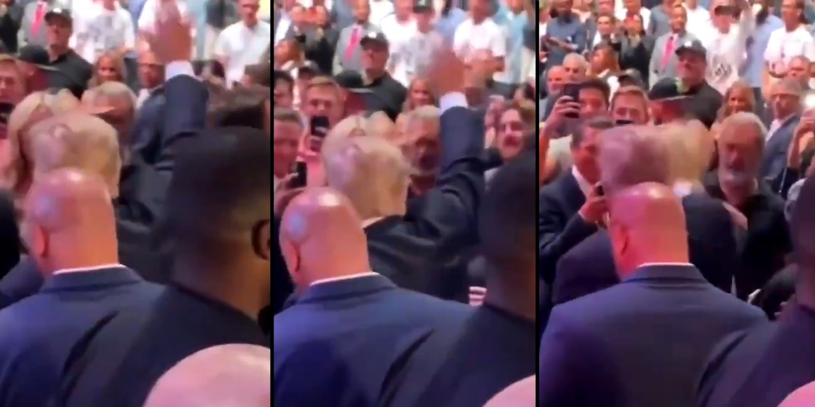 Three screenshots of actor Mel Gibson saluting Donald Trump at a UFC event.