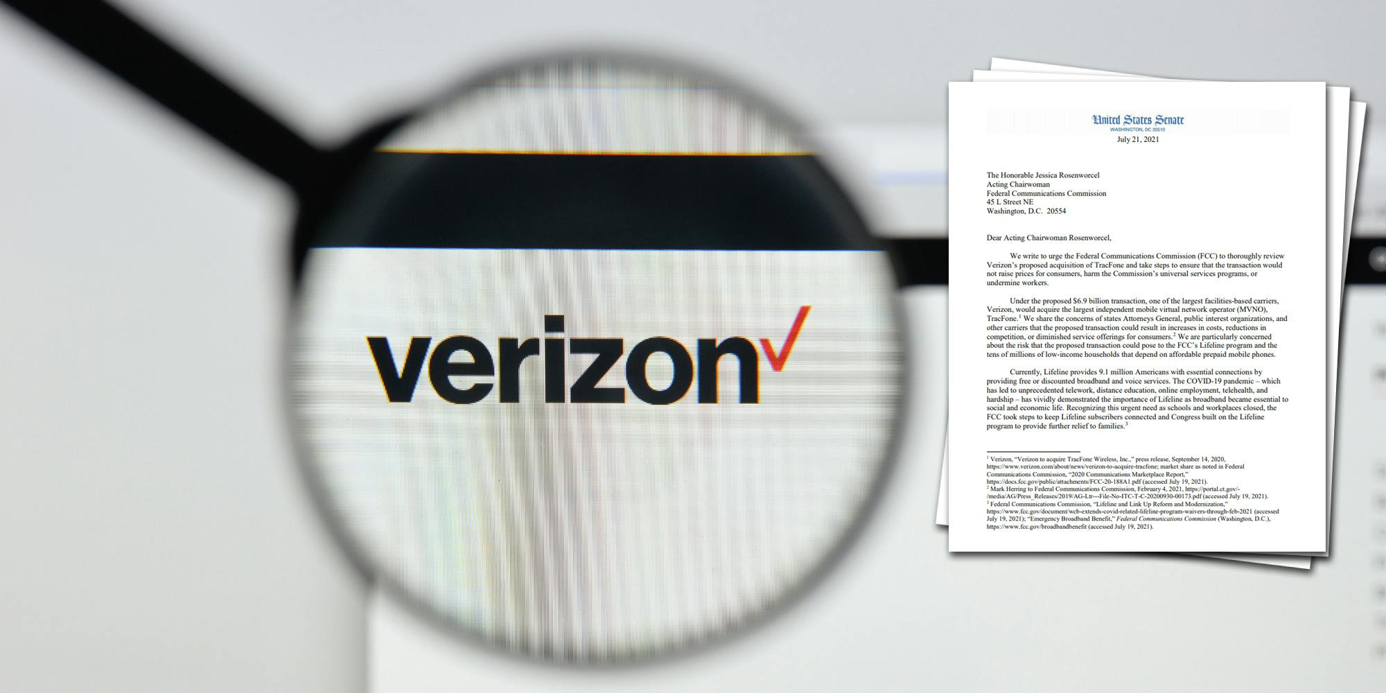 A magnifying glass over the Verizon logo. Next to it is a letter senators wrote to the FCC about Verizon's proposed acquisition of TracFone.