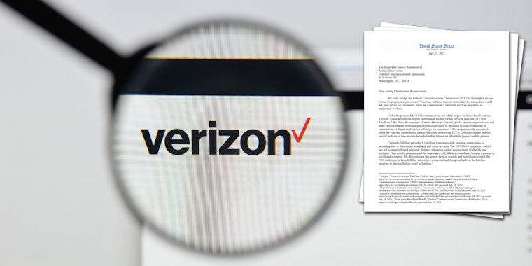 A magnifying glass over the Verizon logo. Next to it is a letter senators wrote to the FCC about Verizon's proposed acquisition of TracFone.