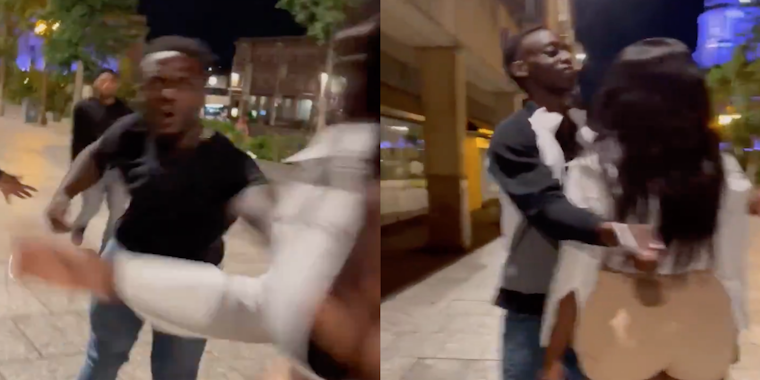 Two screenshot panel from a video of a man pushing a woman and her fighting back after two women rejected him