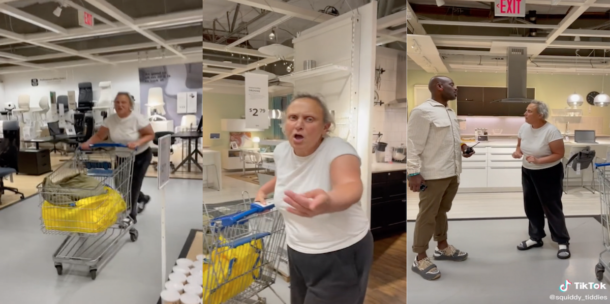 Three panel from screenshot of a woman at IKEA who was calling customers the 'N-word' and was told to leave by an employee