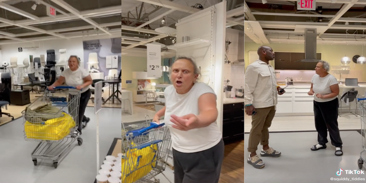Three panel from screenshot of a woman at IKEA who was calling customers the 'N-word' and was told to leave by an employee