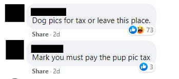 A series of redacted comments of people commenting on a post by Mark Zuckerberg in a dog specific Facebook group