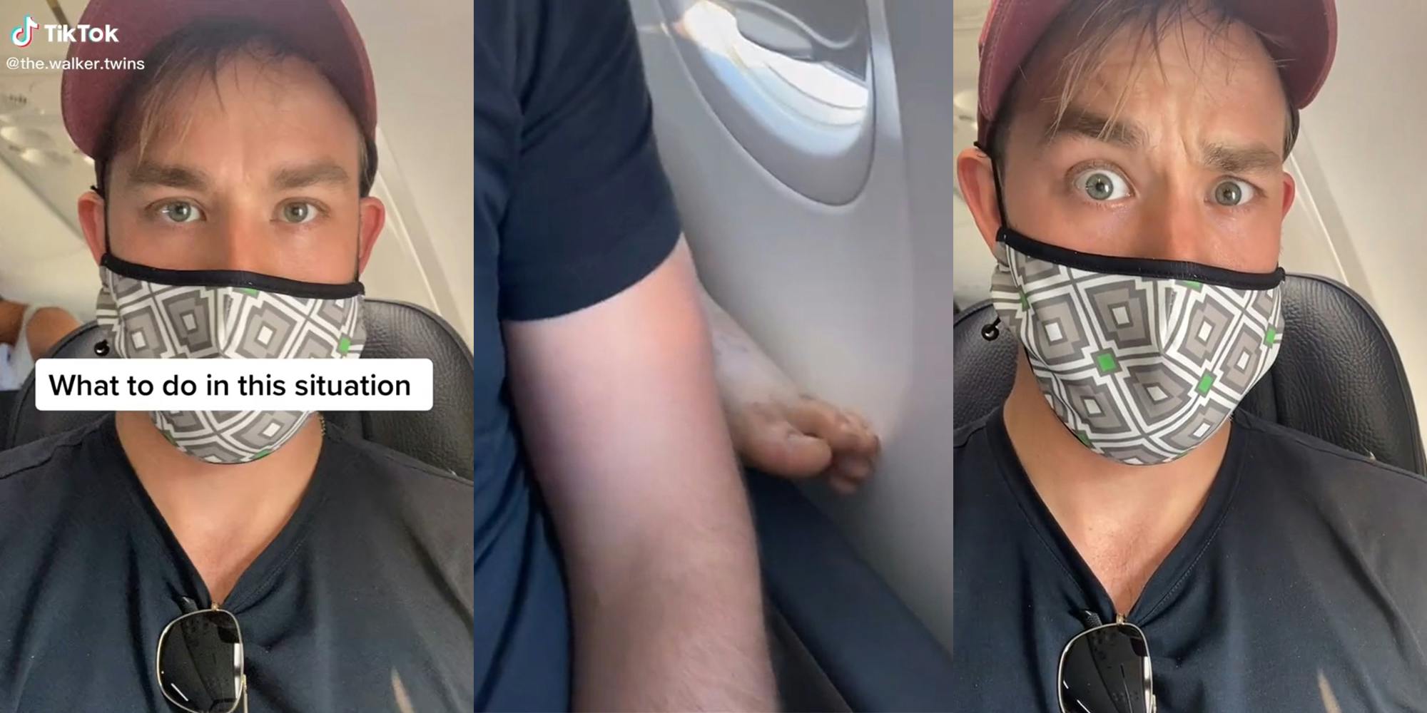 man on airplane with caption "what to do in this situation" (l) bare foot of passenger behind him placed on his armrest (c) man with dismayed look (r) viral tiktok video airline