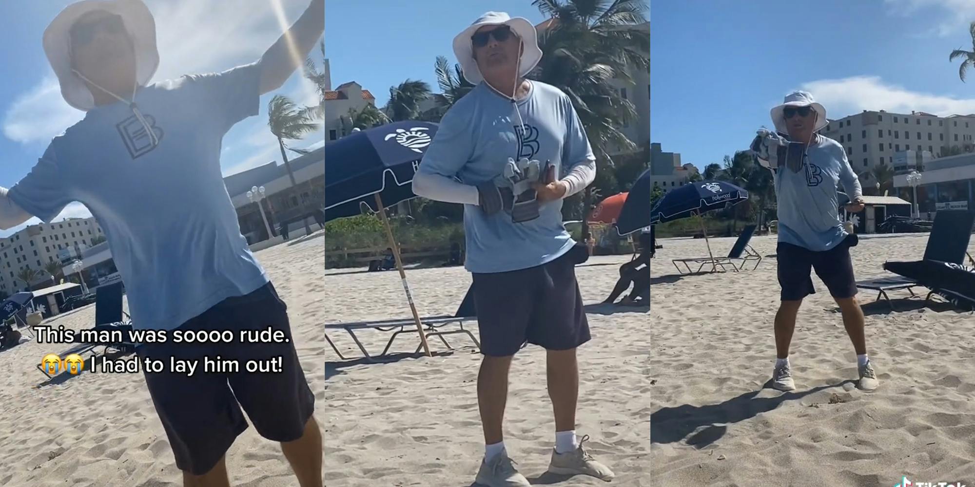 Man in floppy hat waving arms at beach with caption "This man was soooo rude. I had to lay him out!"